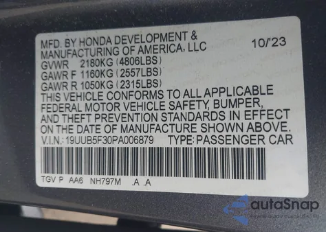 2023 Acura Tlx Standard from USA, damaged, VIN 19UUB5F30PA006879
